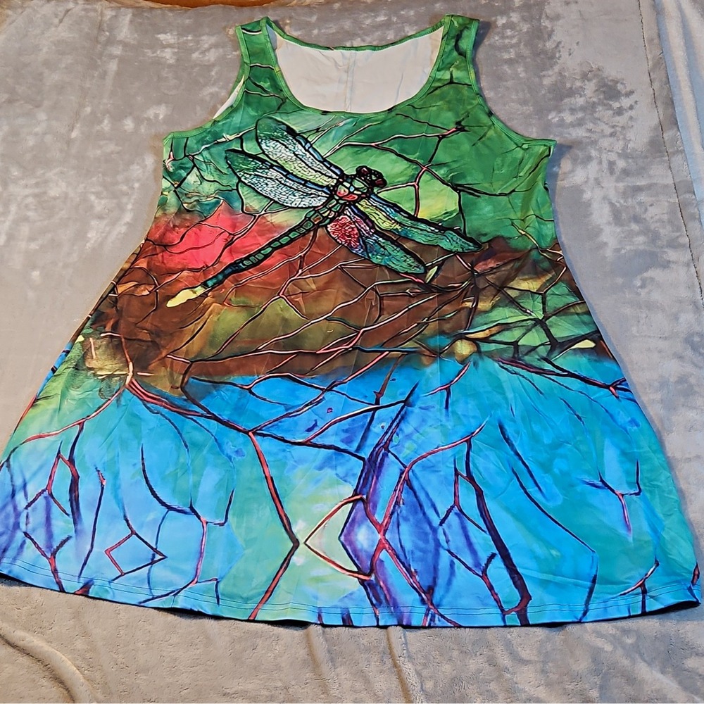 Womens Strappy Sleeveless Tank Dress Scoop Neck Stretch 3XL Dragonfly Print